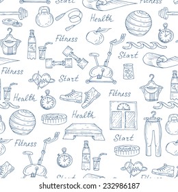 Vector seamless pattern with hand drawn symbols of healthy lifestyle on white background. Background for use in design, web site, packing, textile, fabric