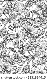 Vector seamless pattern with hand drawn blooming lotus flowers and leaves, Koi fish. Traditionsl oriental print. Best for textile.