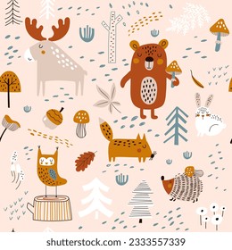 Vector seamless pattern with hand drawn wild forest animals,