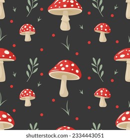 Vector Seamless Pattern with Hand Drawn Cartoon Flat Mushrooms on Black Background. Amanita Muscaria, Fly Agaric Illustration, Mushrooms Collection. Magic Mushroom Symbol, Design Template