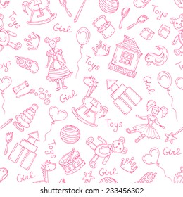 Vector seamless pattern with hand drawn, cartoon and pink toys for little girls on white background. Background for use in design, web site, packing, textile, fabric