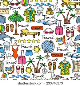 Vector seamless pattern with hand drawn and cartoon symbols of travel. Background for use in design, web site, packing, textile, fabric