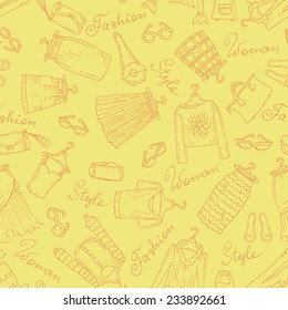 Vector seamless pattern with hand drawn, fashionable skirts and blouses. Background for use in design, web site, packing, textile, fabric