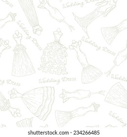 Vector seamless pattern with hand drawn wedding dresses on white background. Background for use in design, web site, packing, textile, fabric