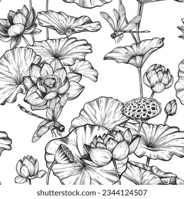 Vector seamless pattern with hand drawn blooming lotus flowers and leaves, dragonfly. Traditionsl oriental print. Best for textile.
