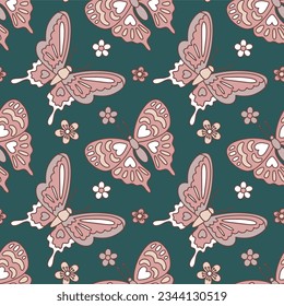 Vector seamless pattern with hand drawn night butterflies and flowers. Illustration for fabric, textile, background, wallpaper, wrapping paper