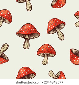 Vector Seamless Pattern with Hand Drawn Cartoon Mushrooms on White Background. Amanita Muscaria, Fly Agaric Illustration, Mushrooms Collection. Magic Mushroom Symbol, Design Template