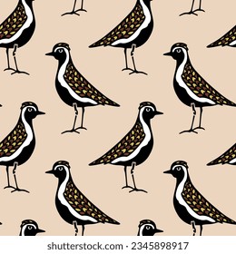 Vector seamless pattern with hand drawn cute European golden plovers made in decorative style. Beautiful animal design elements, ink drawing. Perfect for prints and patterns