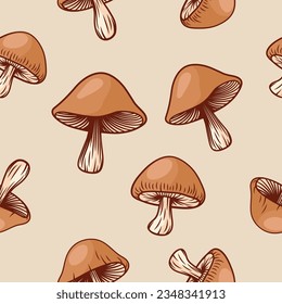 Vector Seamless Pattern with Hand Drawn Cartoon Brown Mushrooms. Mushroom Print For Textile, Wallpaper