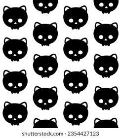 Vector seamless pattern of hand drawn flat cute cat skull silhouette isolated on white background