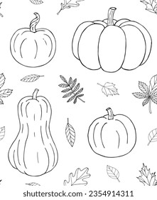 Vector seamless pattern of hand drawn sketch doodle pumpkin and leaves isolated on white background