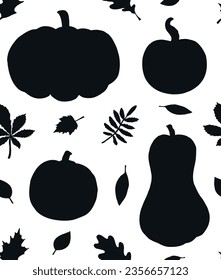 Vector seamless pattern of hand drawn pumpkin and leaves silhouette isolated on white background