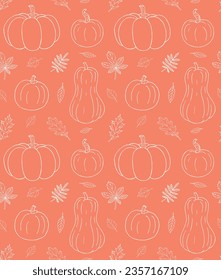 Vector seamless pattern of hand drawn sketch doodle pumpkin and leaves isolated on orange background