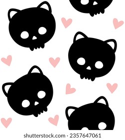 Vector seamless pattern of hand drawn flat cute cat skull and hearts silhouette isolated on white background