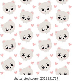 Vector seamless pattern of hand drawn flat cute cat skull and hearts isolated on white background