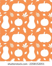Vector seamless pattern of hand drawn pumpkin and leaves silhouette isolated on orange background