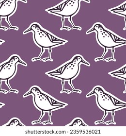 Vector seamless pattern with hand drawn sweet birds on lavender background. Ink drawing, decorative graphic style. Beautiful animal design elements, perfect for prints and patterns