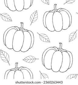 Vector seamless pattern of hand drawn sketch doodle pumpkin and leaves isolated on white background