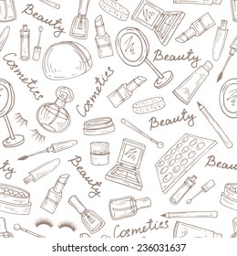 Vector seamless pattern with hand drawn attributes of cosmetics on white background. Background for use in design, web site, packing, textile, fabric