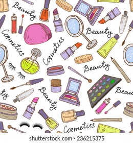 Vector seamless pattern with hand drawn attributes of cosmetics. Background for use in design, web site, packing, textile, fabric