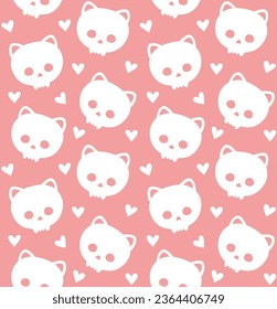 Vector seamless pattern of hand drawn flat cute cat skull and hearts silhouette isolated on pink background