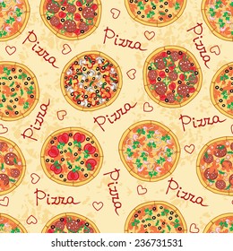 Vector seamless pattern with hand drawn and different pizza and ingredients. Background for use in design, web site, packing, textile, fabric