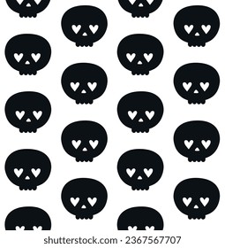 Vector seamless pattern of hand drawn groovy skull silhouette isolated on white background