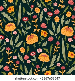 Vector seamless pattern with hand drawn wild plants, herbs and flowers,