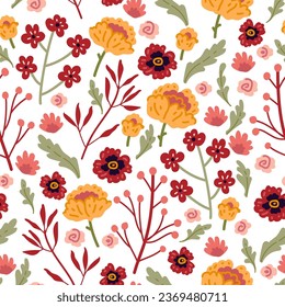 Vector seamless pattern with hand drawn wild plants, herbs and flowers,