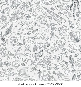 Vector seamless pattern with hand drawn fishes, corrals, shells, seaweeds, sea-horse and other underwater creatures. Ocean background. Tropical sea life design.