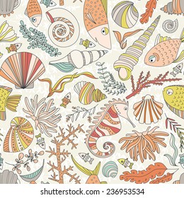 Vector seamless pattern with hand drawn fishes, corrals, shells, seaweeds, sea-horse and other underwater creatures. Ocean background. Tropical sea life design.