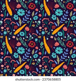Vector seamless pattern with hand drawn wild plants, herbs and flowers,