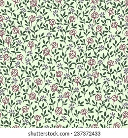 Vector seamless pattern with hand drawn leaves and flowers. Floral design elements. Cool vintage colors.