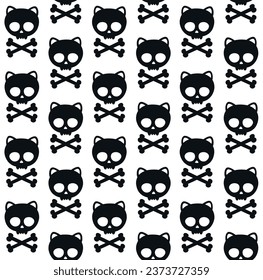 Vector seamless pattern of hand drawn flat cat skull with crossed bones silhouette isolated on white background