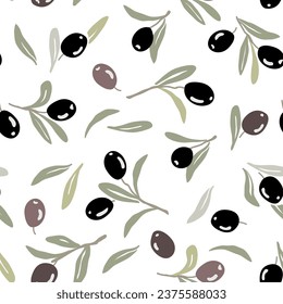Vector seamless pattern with hand drawn ripe olive tree branches on white. Background for the natural organic cosmetics, wrapping paper, soap, olive oil
