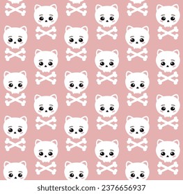 Vector seamless pattern of hand drawn flat cat skull with crossed bones silhouette isolated on pink background