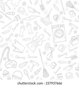 Vector seamless pattern with hand drawn symbols of cleaning services on white background. Background for use in design, web site, packing, textile, fabric