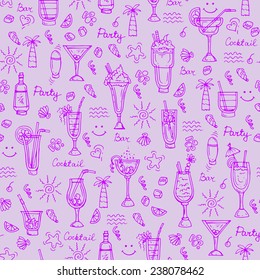 Vector seamless pattern with hand drawn summer cocktails on purple background. Background for use in design, web site, packing, textile, fabric