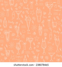 Vector seamless pattern with hand drawn summer cocktails on orange background. Background for use in design, web site, packing, textile, fabric