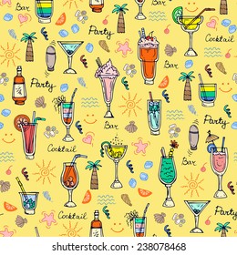 Vector seamless pattern with hand drawn summer cocktails. Background for use in design, web site, packing, textile, fabric