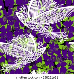 Vector seamless pattern with hand drawn with fish with wings on floral background. 