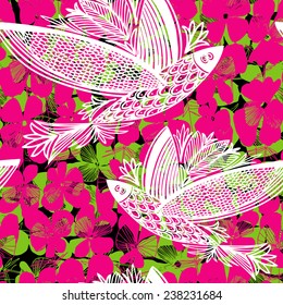 Vector seamless pattern with hand drawn with fish with wings on floral background. 