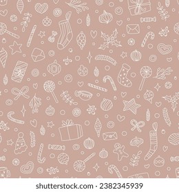 Vector seamless pattern with hand drawn doodle elements. Cute design for Christmas wrappings, textile, wallpaper and backgrounds.