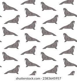 Vector seamless pattern of hand drawn doodle sketch walrus isolated on white background