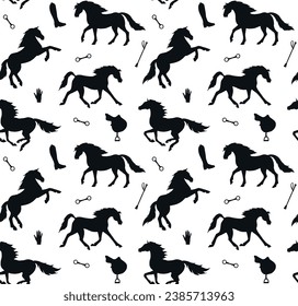 Vector seamless pattern of hand drawn horses silhouette isolated on white background