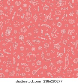 Vector seamless pattern with hand drawn doodle elements. Cute design for Christmas wrappings, textile, wallpaper and backgrounds.