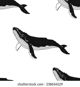 Vector seamless pattern with hand drawn illustration whale. Black contour illustration isolated on white background.