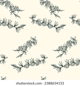 Vector seamless pattern with hand drawn fir branches with cones. Beautiful design elements, ink drawing. Perfect for prints and patterns for Christmas or New Year holidays season.