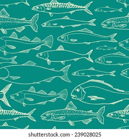 Vector seamless pattern with hand drawn fishes. Deep marine background color. Cool design elements.