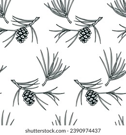 Vector seamless pattern with hand drawn pine twigs with cones. Beautiful design elements, ink drawing, graphic style. Perfect for prints and patterns for Christmas or New Year holidays season.